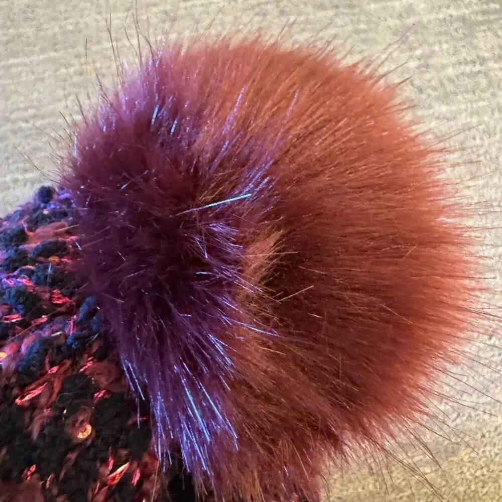 Express Women's Maroon Red Black Sparkle Knit Pom Faux Fur Beanie